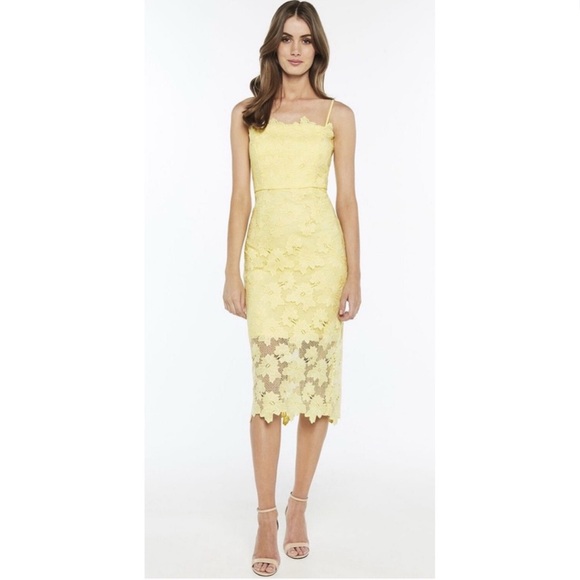 Bardot Sunshine Floral Lace Sheath Sleeveless Midi Dress Event Yellow 4 - Picture 1 of 9